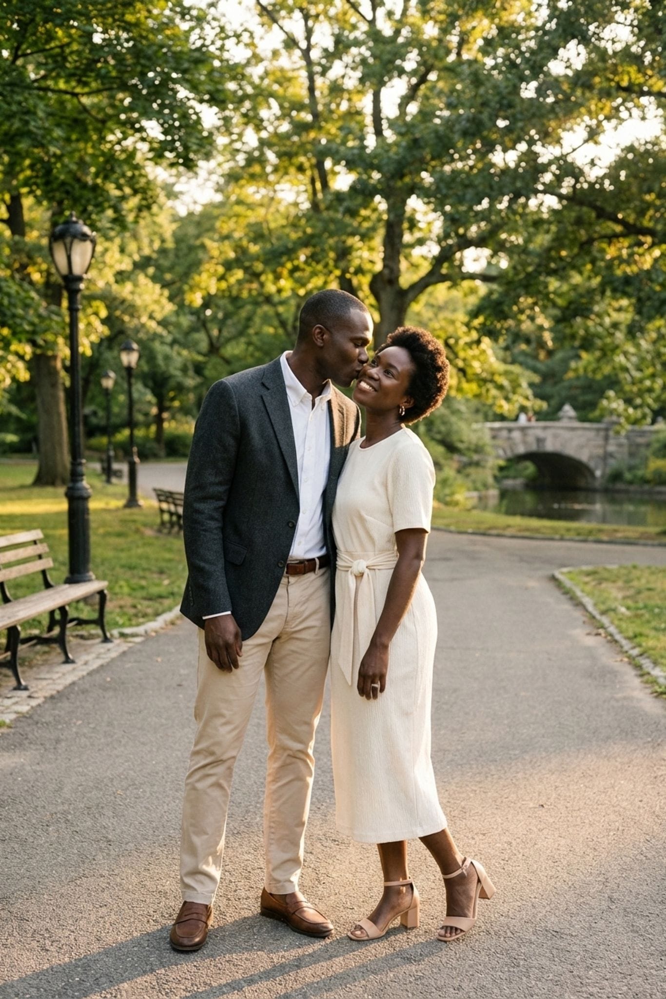 Candid laughter on a city street at golden hour